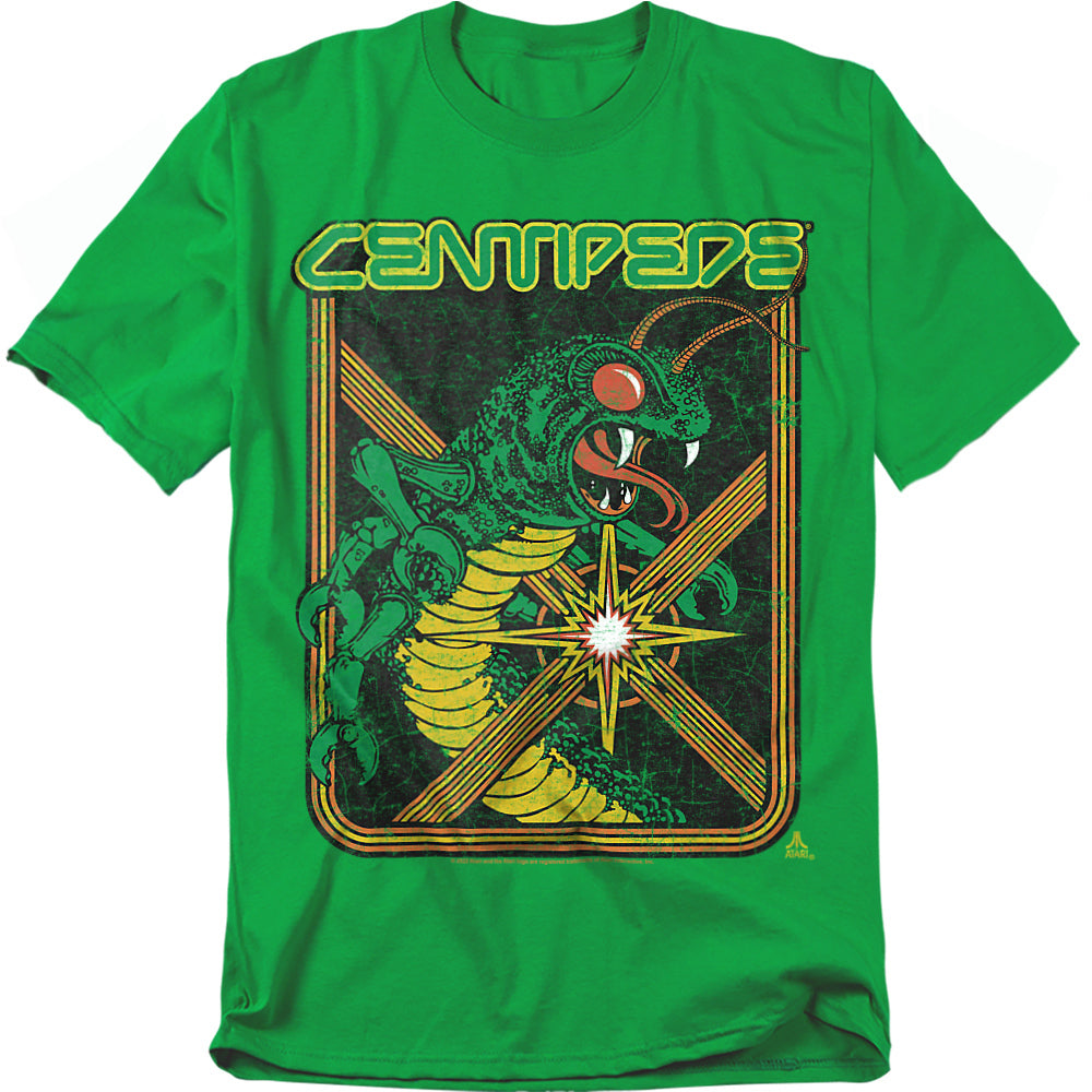 Bright green t-shirt featuring vintage Atari Centipede artwork with a large menacing centipede, glowing red eyes, and neon-style laser blast framed in retro arcade graphics.