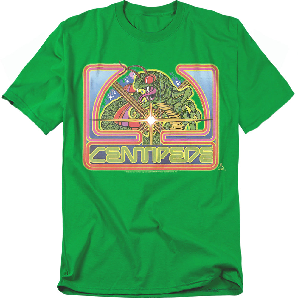 A bright green t-shirt featuring retro artwork from Atari’s arcade classic Centipede, with a colorful illustration of a giant centipede being zapped by a laser, surrounded by mushrooms and neon-style text.