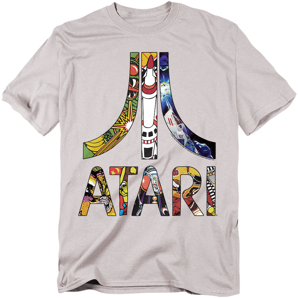 A light gray t-shirt featuring the Atari logo and text filled with colorful artwork from classic Atari games, including rockets, space battles, and vibrant arcade-inspired graphics.