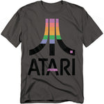 A charcoal gray t-shirt with the Atari logo filled with stacked colorful block patterns, based on the classic Atari game Breakout. The word "ATARI" is printed below in bold black letters, with block colors integrated into the text.
