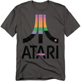 A charcoal gray t-shirt with the Atari logo filled with stacked colorful block patterns, based on the classic Atari game Breakout. The word "ATARI" is printed below in bold black letters, with block colors integrated into the text.