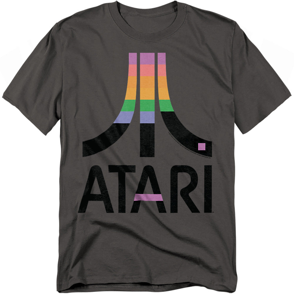 A charcoal gray t-shirt with the Atari logo filled with stacked colorful block patterns, based on the classic Atari game Breakout. The word "ATARI" is printed below in bold black letters, with block colors integrated into the text.