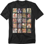 A black t-shirt featuring a grid of 20 retro Atari box art squares, each with the Atari logo and unique vintage artwork from classic video games.