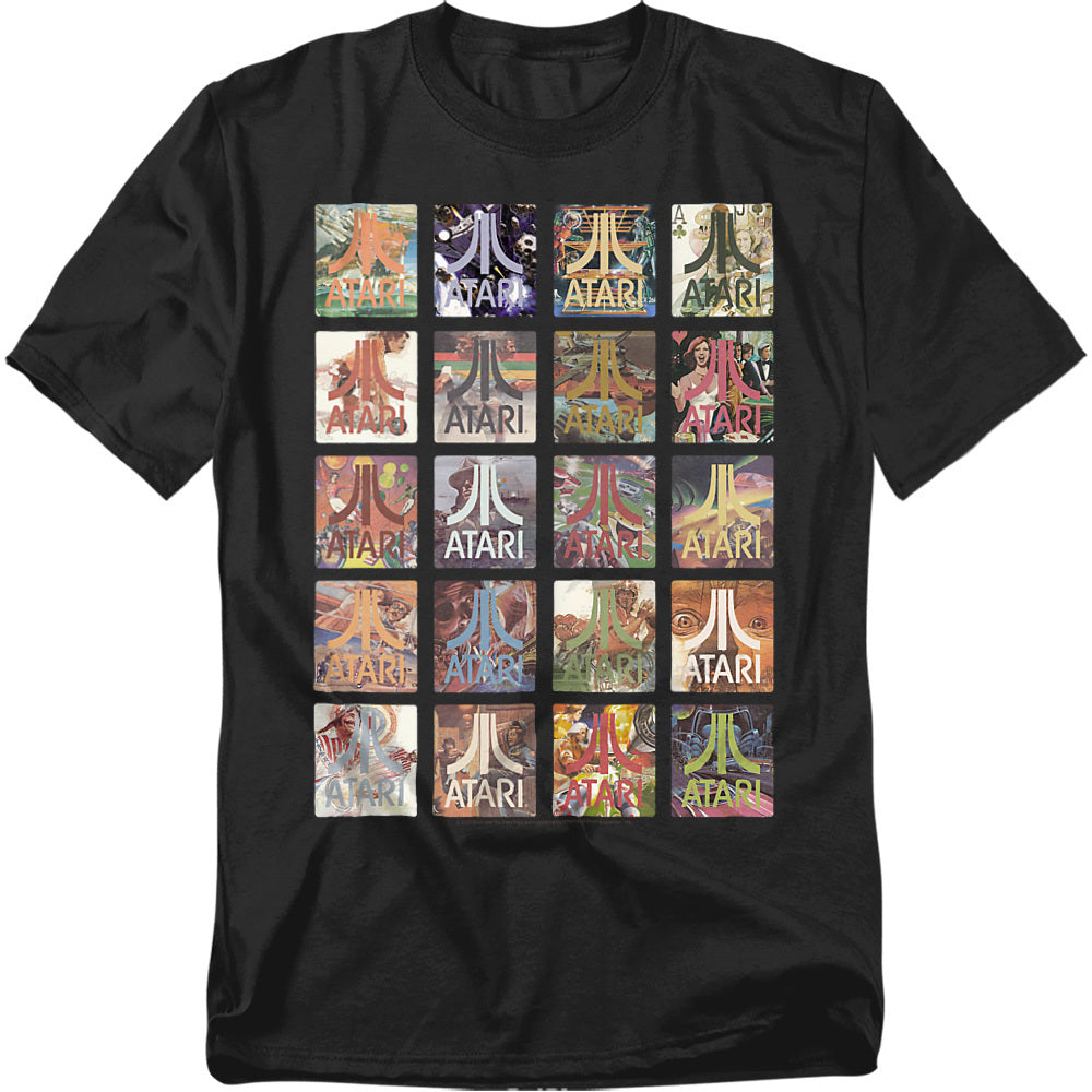 A black t-shirt featuring a grid of 20 retro Atari box art squares, each with the Atari logo and unique vintage artwork from classic video games.