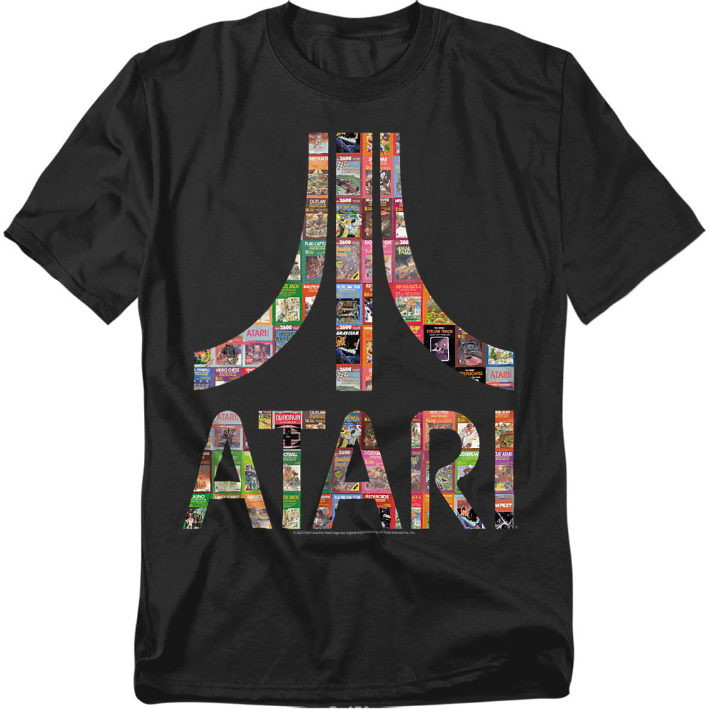 A black t-shirt with the Atari logo and text filled in with a collage of classic Atari 2600 video game covers, including titles like Asteroids, Centipede, and Missile Command.