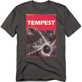 A charcoal gray t-shirt featuring classic box art from Atari’s Tempest. The design shows a cosmic vortex pulling geometric enemies into a glowing center, framed by a red border with the bold white “TEMPEST” title.