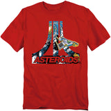 A red t-shirt featuring the Atari logo filled with asteroid artwork, including a spaceship blasting through a cosmic asteroid field. The word "ASTEROIDS" appears in bold red and black lettering below the logo.