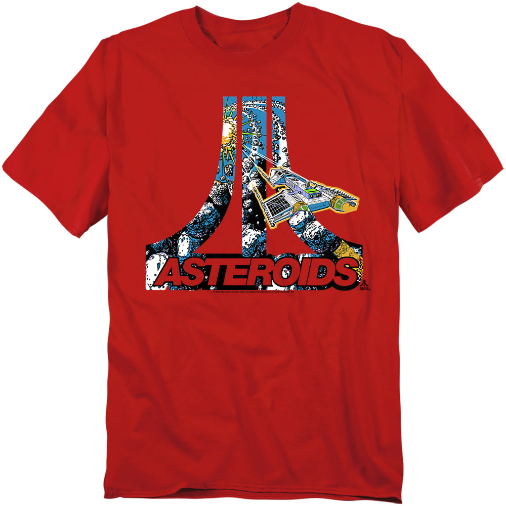 A red t-shirt featuring the Atari logo filled with asteroid artwork, including a spaceship blasting through a cosmic asteroid field. The word "ASTEROIDS" appears in bold red and black lettering below the logo.