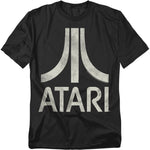Black Atari t-shirt featuring the large white Atari “Fuji” logo with the word “ATARI” printed underneath in bold distressed letters, giving it a vintage worn-in look.