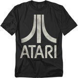 Black Atari t-shirt featuring the large white Atari “Fuji” logo with the word “ATARI” printed underneath in bold distressed letters, giving it a vintage worn-in look.