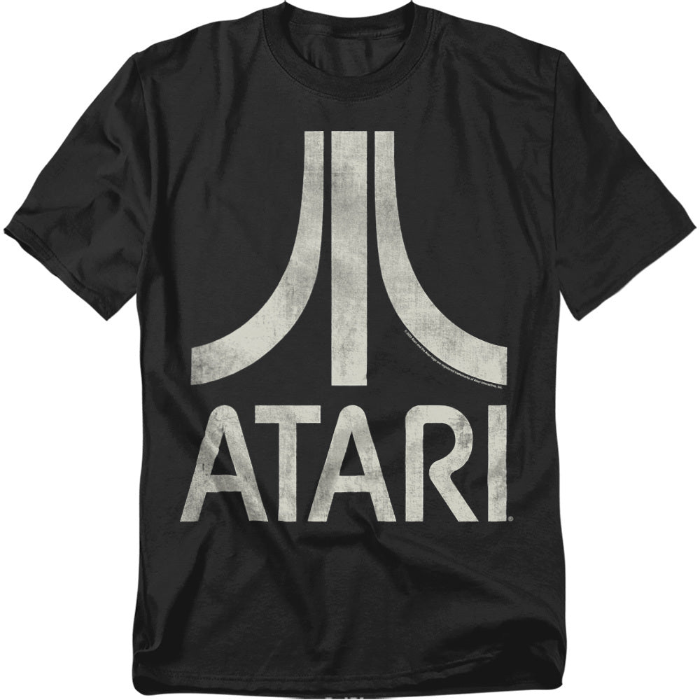 Black Atari t-shirt featuring the large white Atari “Fuji” logo with the word “ATARI” printed underneath in bold distressed letters, giving it a vintage worn-in look.