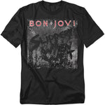 Black t-shirt featuring Bon Jovi’s Slippery When Wet album cover design with the band’s name in red text at the top.