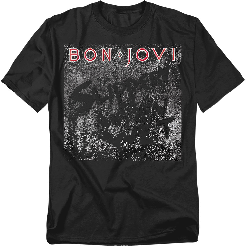 Black t-shirt featuring Bon Jovi’s Slippery When Wet album cover design with the band’s name in red text at the top.