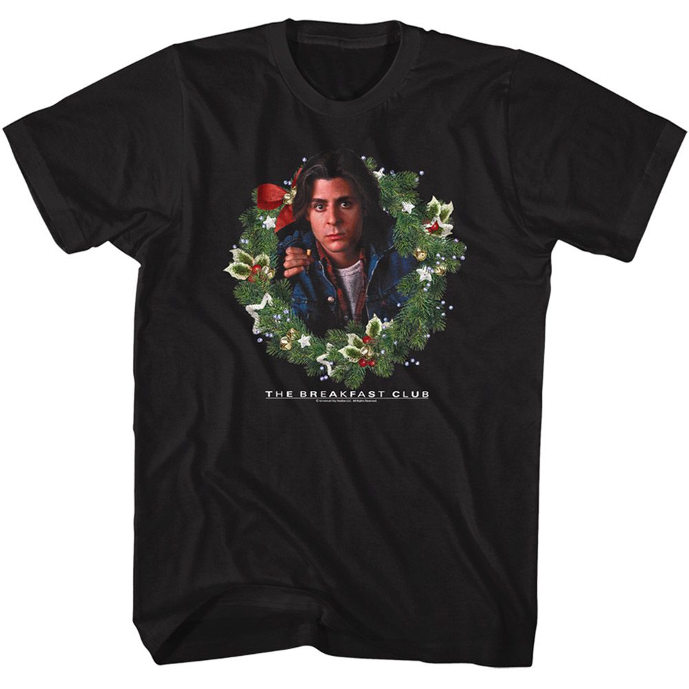 Black t-shirt featuring John Bender from The Breakfast Club inside a Christmas wreath with holly and ornaments.