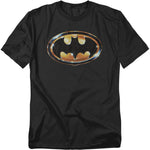 Black t-shirt with the metallic gold and black Batman logo from the 1989 movie.