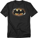 Black t-shirt with the metallic gold and black Batman logo from the 1989 movie.