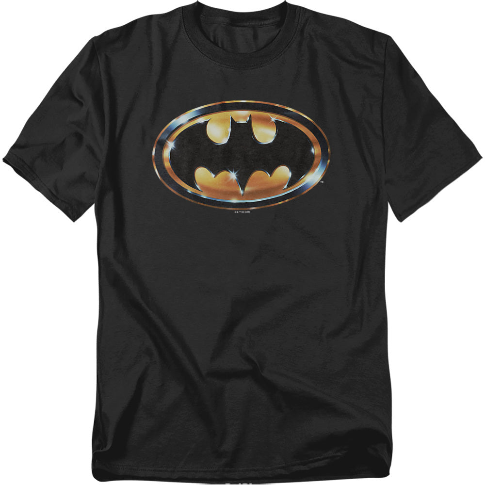 Black t-shirt with the metallic gold and black Batman logo from the 1989 movie.