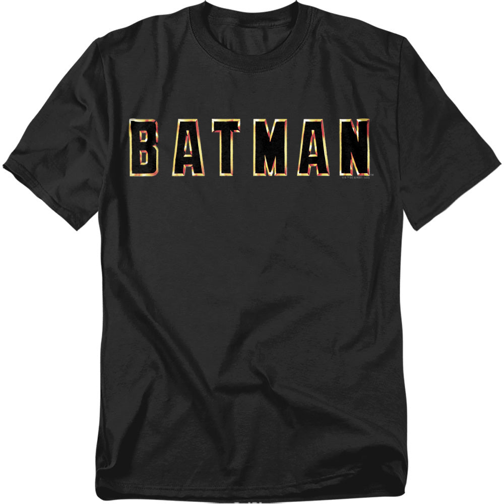 Black t-shirt with bold “BATMAN” block letters in gold and red, inspired by the 1989 film.