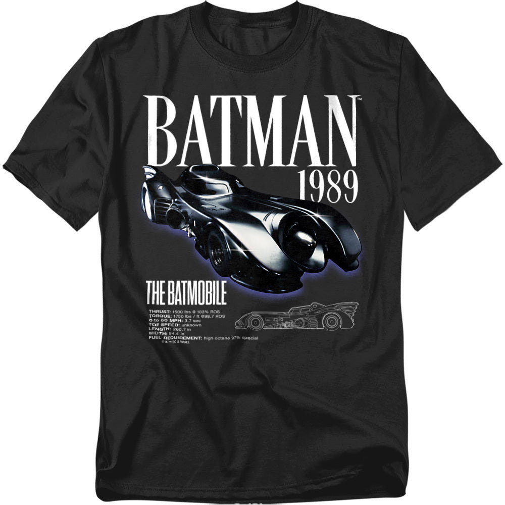 Black t-shirt featuring the 1989 Batman Batmobile with technical specifications and blueprint artwork.