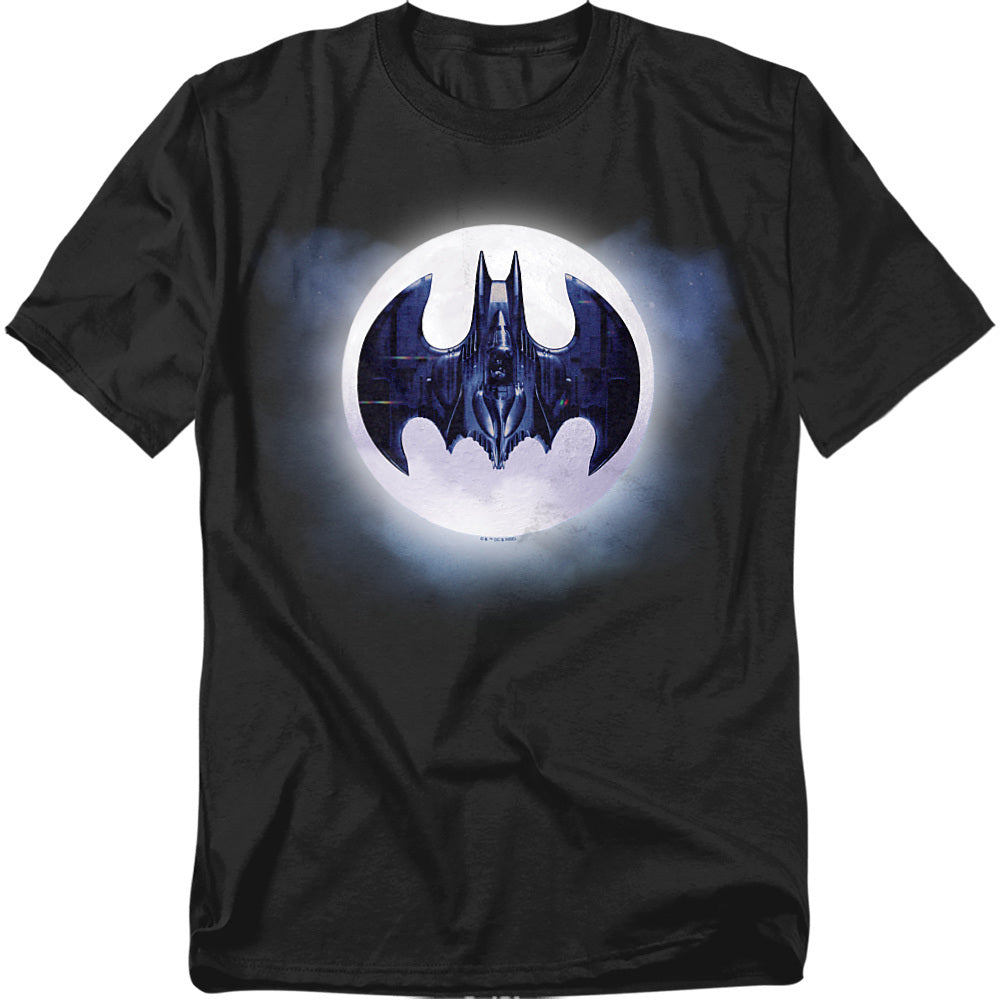 Black t-shirt featuring Batman’s Batwing silhouetted against the moon, forming the Bat-Symbol, inspired by the 1989 movie.