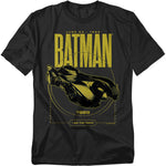 Black t-shirt with yellow 1989 Batman Batmobile graphic and bold BATMAN movie lettering.