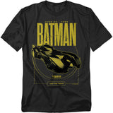 Black t-shirt with yellow 1989 Batman Batmobile graphic and bold BATMAN movie lettering.