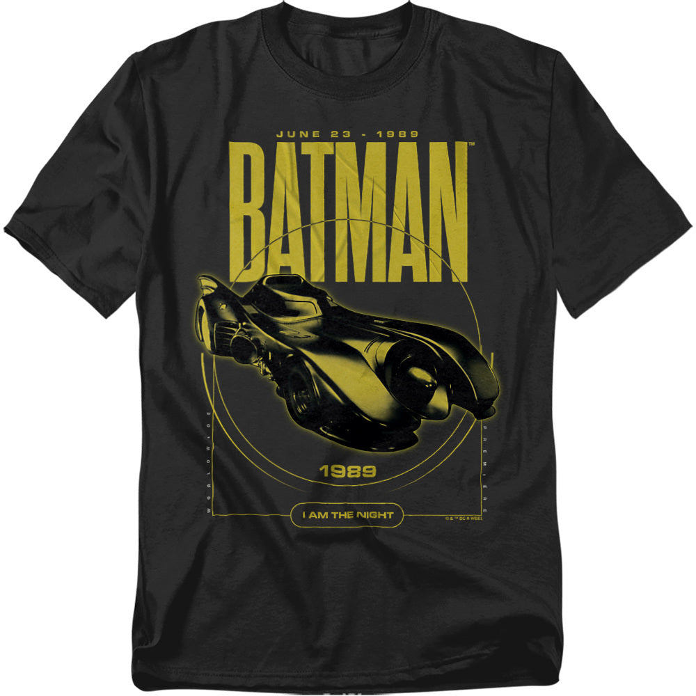 Black t-shirt with yellow 1989 Batman Batmobile graphic and bold BATMAN movie lettering.