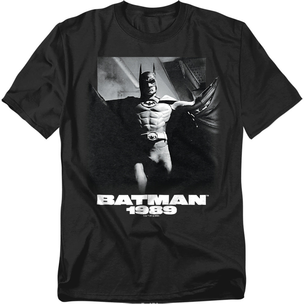 Black t-shirt with monochrome graphic of Michael Keaton’s Batman and bold “Batman 1989” text.