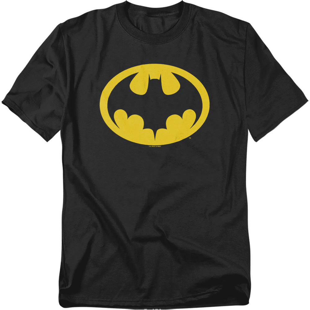 Black t-shirt with the classic yellow Batman bat logo in the center.
