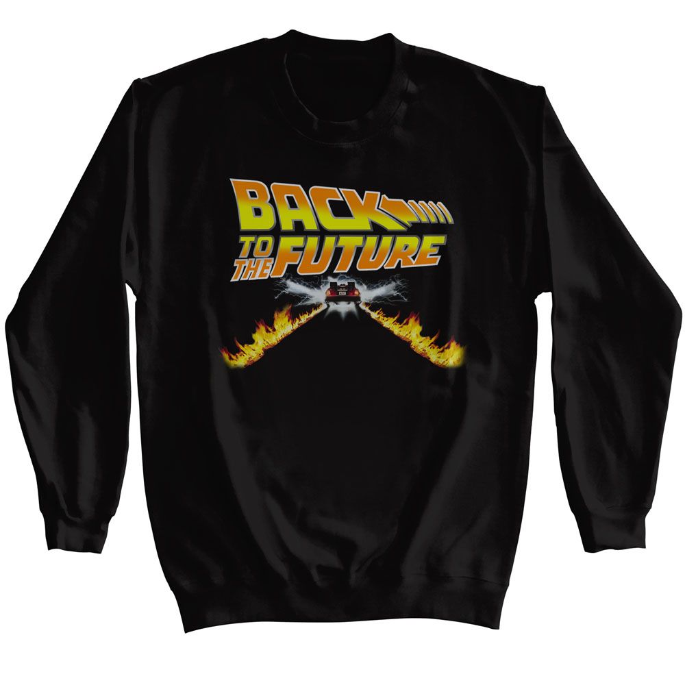 Black Back to the Future crewneck sweatshirt with movie logo and flaming Delorean tire tracks.