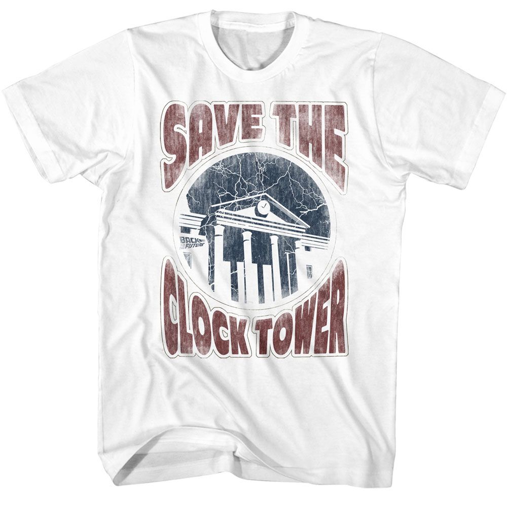 White Back to the Future “Save The Clock Tower” T-shirt with distressed clock tower graphic.