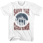 White Back to the Future “Save The Clock Tower” T-shirt with distressed clock tower graphic.