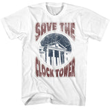 White Back to the Future “Save The Clock Tower” T-shirt with distressed clock tower graphic.