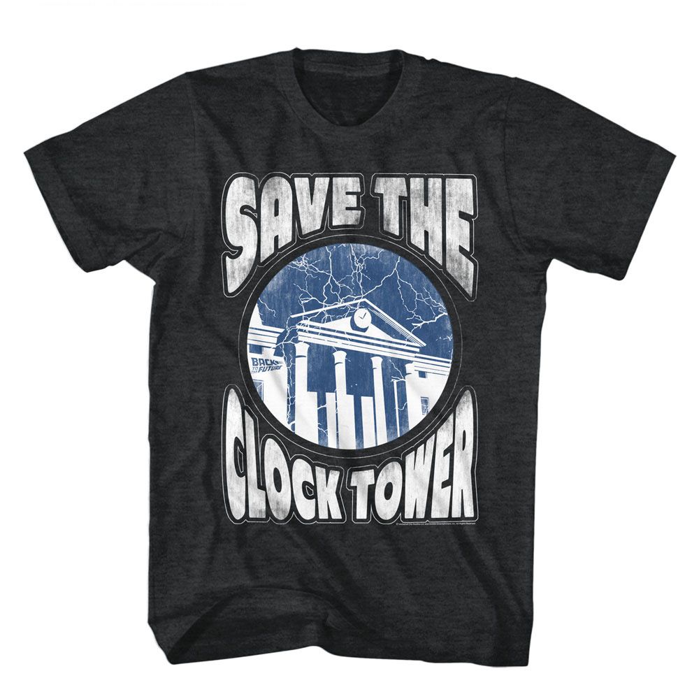 Black Back to the Future T-shirt featuring a distressed “Save the Clock Tower” graphic with the Hill Valley courthouse and lightning.