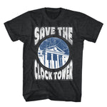 Black Back to the Future T-shirt featuring a distressed “Save the Clock Tower” graphic with the Hill Valley courthouse and lightning.