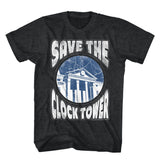 Black Back to the Future T-shirt featuring a distressed “Save the Clock Tower” graphic with the Hill Valley courthouse and lightning.
