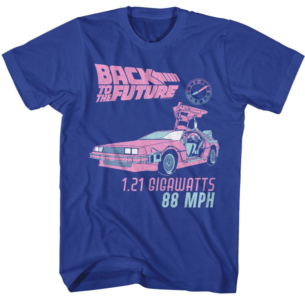 Blue T-shirt with neon pink and teal Back to the Future design featuring the Delorean, “1.21 Gigawatts,” and “88 MPH” text.