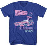 Blue T-shirt with neon pink and teal Back to the Future design featuring the Delorean, “1.21 Gigawatts,” and “88 MPH” text.