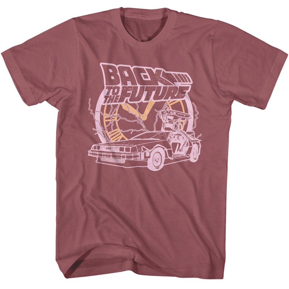 Retro Back to the Future T-shirt featuring a line-art DeLorean and clock tower graphic.