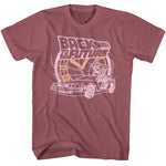 Retro Back to the Future T-shirt featuring a line-art DeLorean and clock tower graphic.