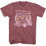 Retro Back to the Future T-shirt featuring a line-art DeLorean and clock tower graphic.