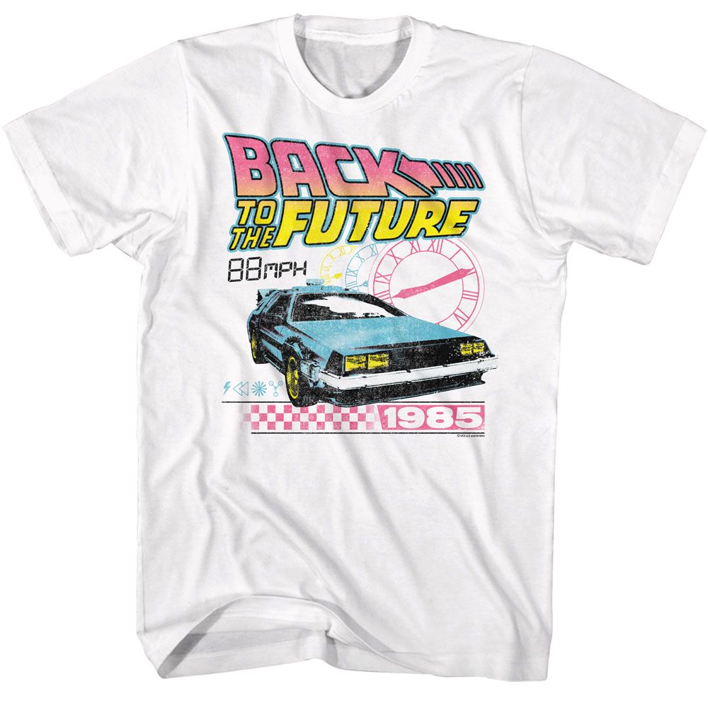 White T-shirt with a colorful retro Back to the Future design featuring the Delorean, neon clock graphics, and “1985” text.