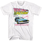 White T-shirt with a colorful retro Back to the Future design featuring the Delorean, neon clock graphics, and “1985” text.