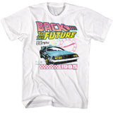 White T-shirt with a colorful retro Back to the Future design featuring the Delorean, neon clock graphics, and “1985” text.