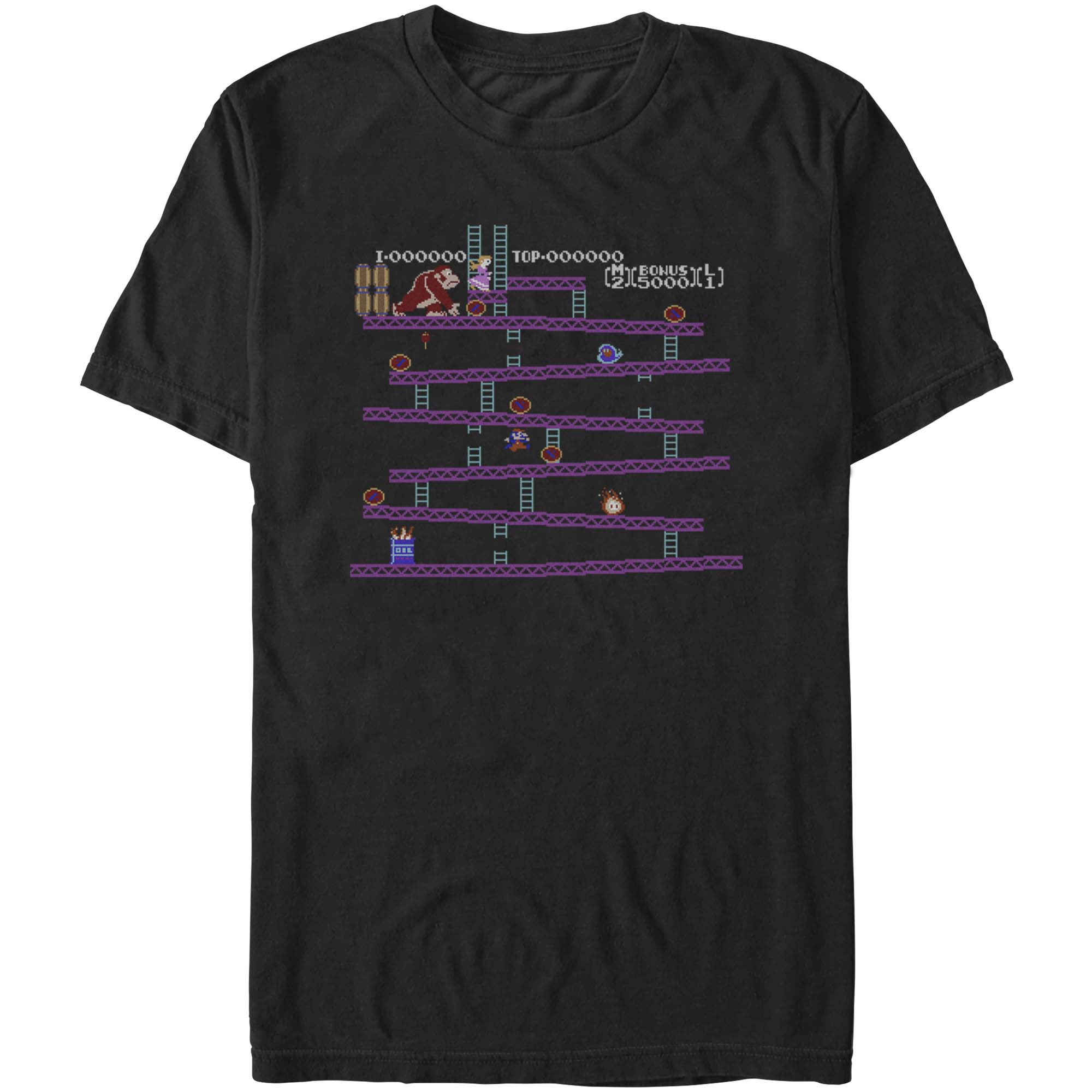 Vintage Nintendo Donkey Kong arcade level pixel art graphic tee on black shirt