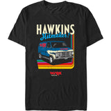 Vintage inspired Hawkins WSQK 94.5 FM van graphic tee on black shirt