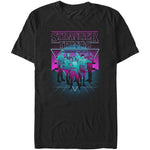 Retro synthwave Stranger Things cast graphic tee with neon 80s inspired design on black shirt