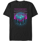 Retro synthwave Stranger Things cast graphic tee with neon 80s inspired design on black shirt