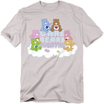 Light gray Care Bears t-shirt with multiple characters sitting on clouds above the words “Care Bears Forever.”