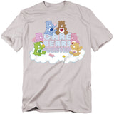 Light gray Care Bears t-shirt with multiple characters sitting on clouds above the words “Care Bears Forever.”